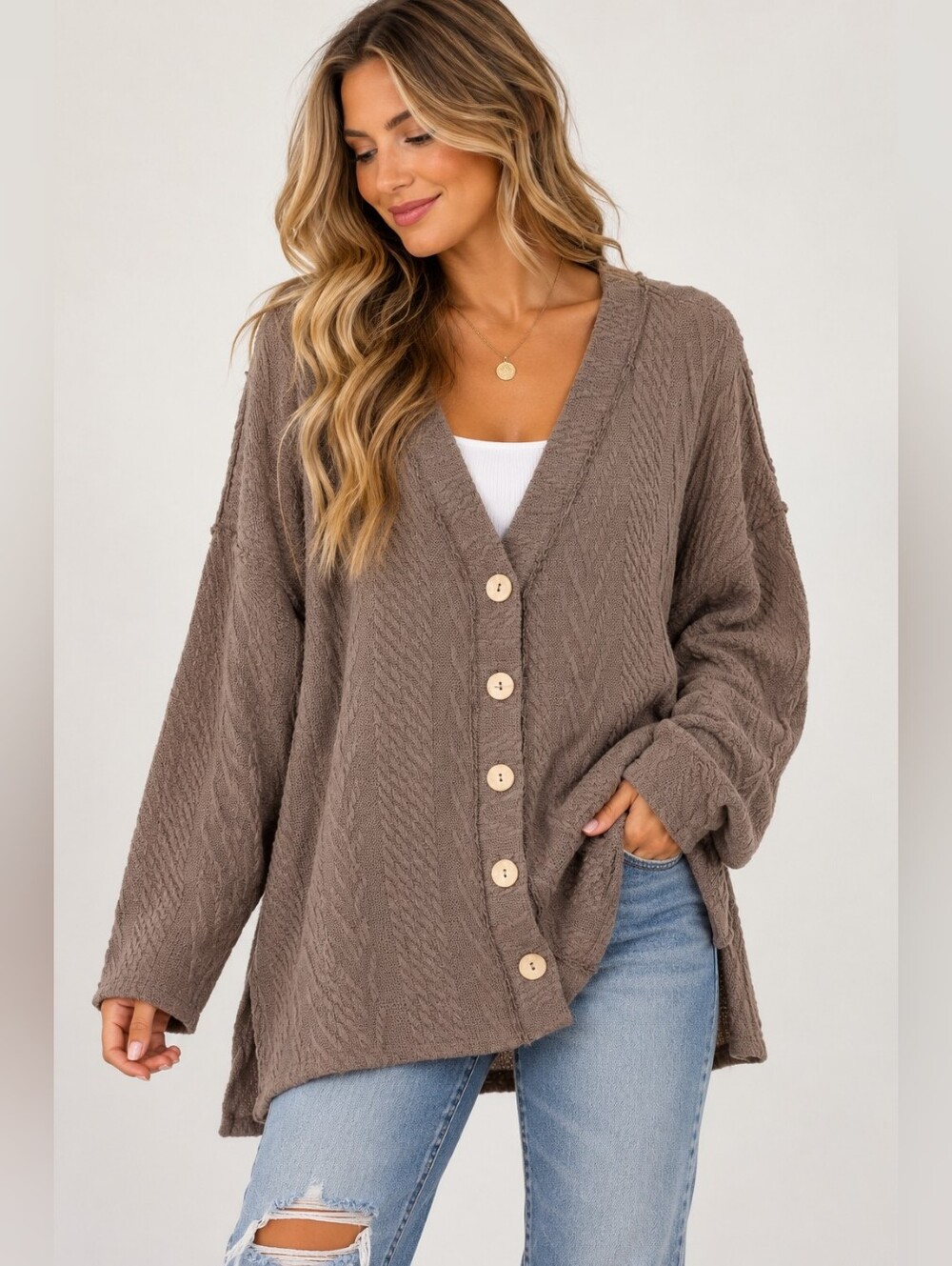 Talulah Size L Taupe Cable Knit Oversized Button Front Cardigan Sweater